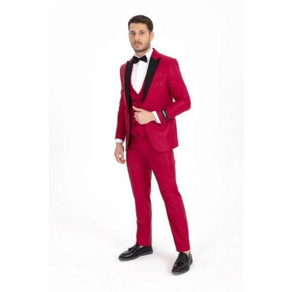 Derman Red Satin Collar 3 Piece Tuxedo - Picture 3 of 6